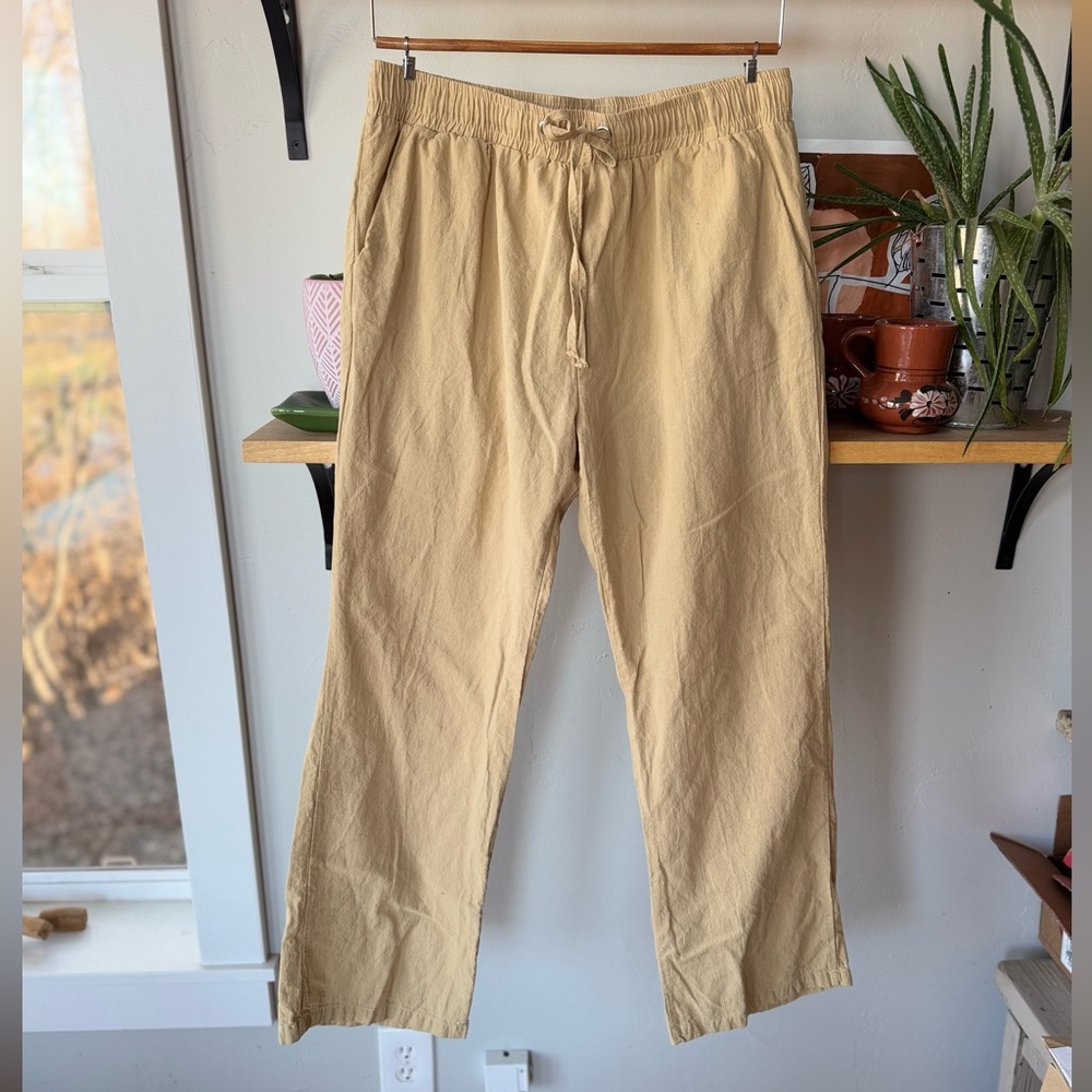 Khaki Tan Linen Cotton Drawstring Wide Leg Beach Pants Size Large